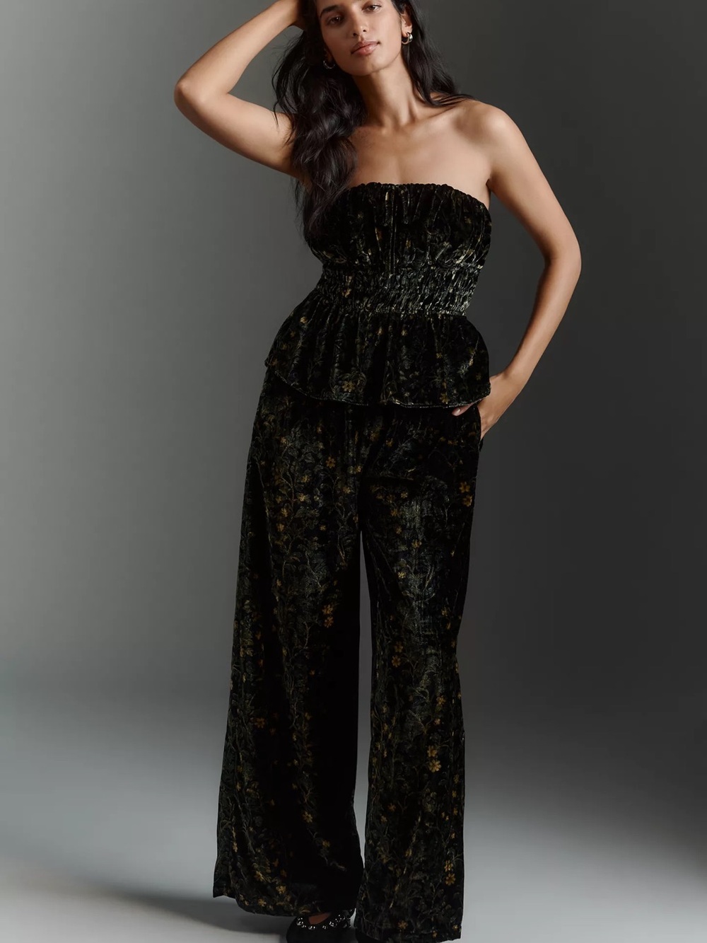 Anthropologie Somerset Strapless Velvet Peplum Olive Black and Gold